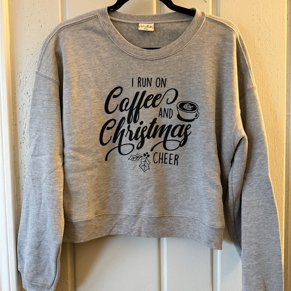 NWOT Gray Women's Crew Neck Cropped Sweatshirt with Coffee and Christmas Print S